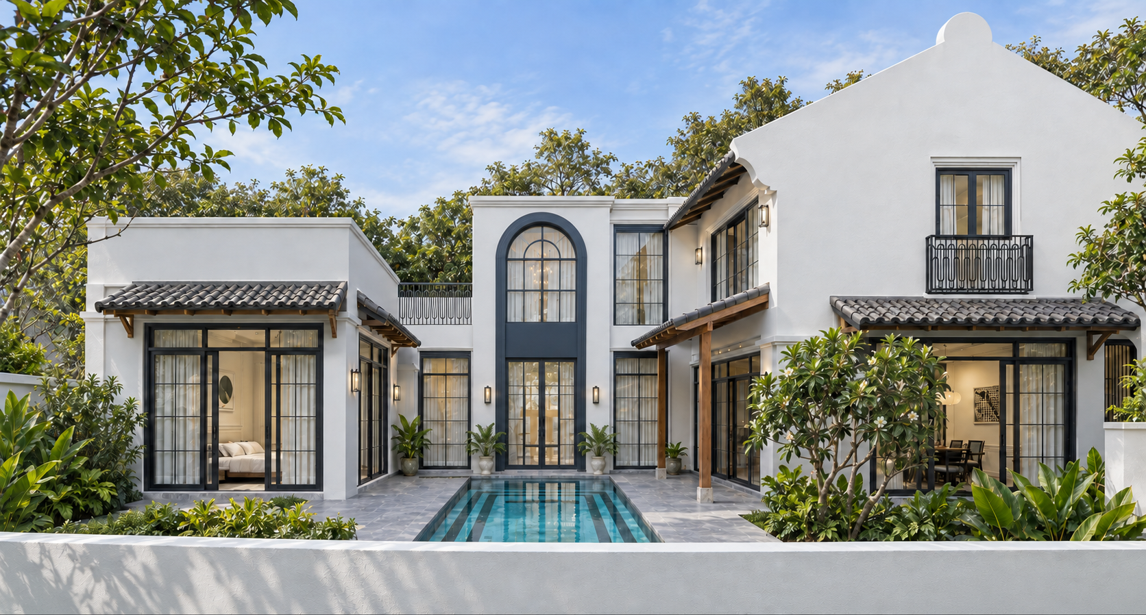 Architectural visualization of Villa 04, showing the courtyard and pool.
